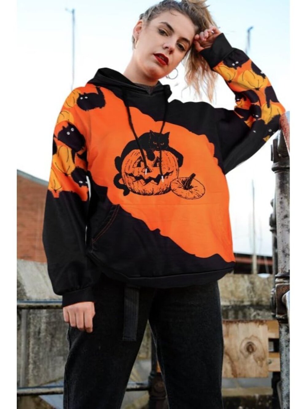 🆕 Women’s Black Orange Cat Pumpkin Colorblock Halloween Hoodie Sweatshirt